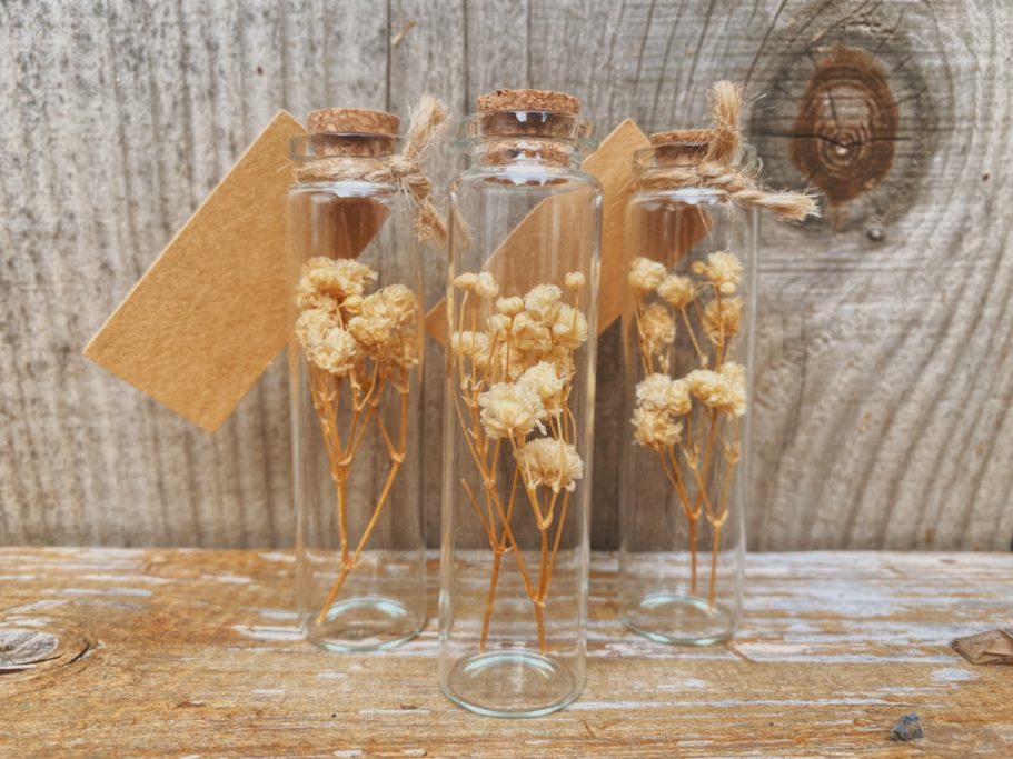 Cadeaux invités fioles de fleurs séchées